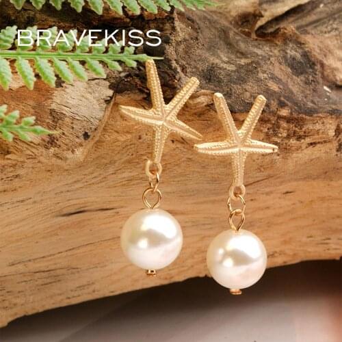 BRAVEKISS Vsco Starfish Pearl Shell Earrings for Women Mermaid Earrings Gold Cute Pendant Trendy Charm Earring for Party BPE1493