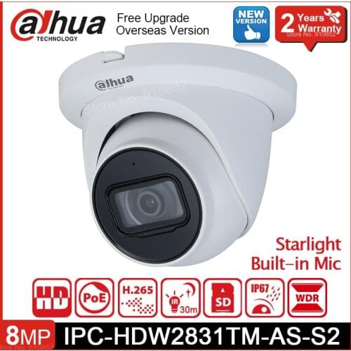 Dahua IPC-HDW2831TM-AS-S2 8MP IR 30m Built-in Mic Eyeball Network Camera H.265 POE SD Card Slot IP67 IP Camera Motion detection