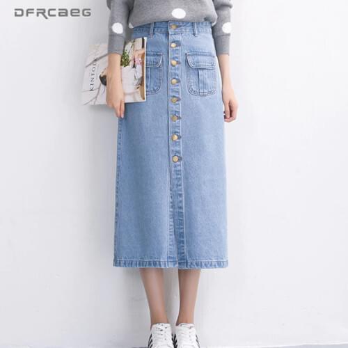 New Arrival 2020 Spring Retro Blue Long Skirt Jeans For Woman Casual Saia Jeans Longa Feminino Single-Breasted Denim Skirts