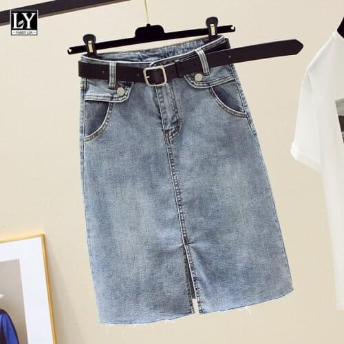 LY VAREY LIN 2021 New Summer Spring Women Casual High Waist A-line Skirt with Belt Solid Denim Skirt Slim Medium Length Skirt
