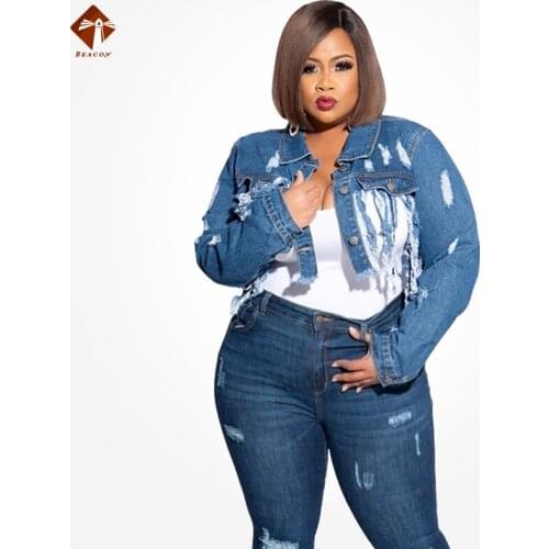 2021 Summer Women Clothing Trendy Ripped Washed Denim Tassel Hollow Out Short Coats Plus Size Denim Jackets Female Tops Clothing