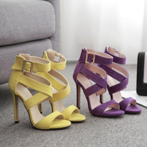 New Sexy Yellow Purple Women Sandals Open Toe Cross Strap high heel Sandals Women purple high heel Stiletto purple sandal
