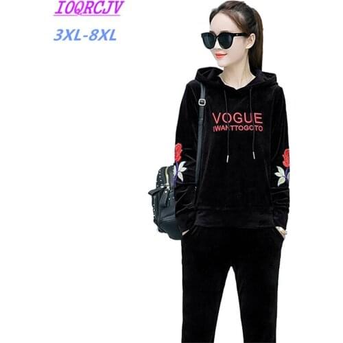 2019 Plus size 3XL-8XL Gold velvet Two-piece Set Women Sportswear Suit Hooded Casual Top Elastic waist Trousers set Thicken G666