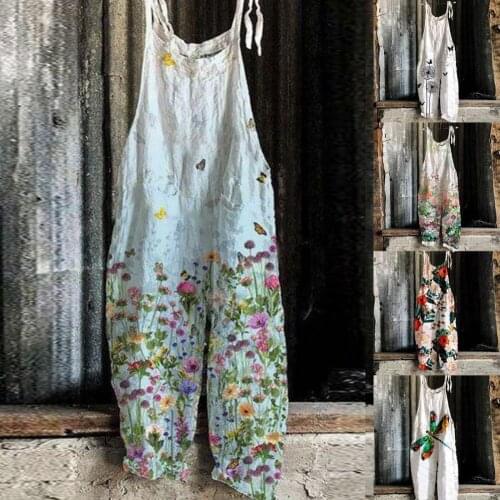 2021 Women Strap Loose Jumpsuit Summer Casual Wide Leg Pants Flower Print Dungaree Overalls Sleeveless Oversized Women Jumpsuits