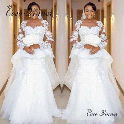 Special Design Africa Lace Mermaid Wedding Dresses Illusion Long Sleeves Appliques with Beading Bride Dress for Women W0836