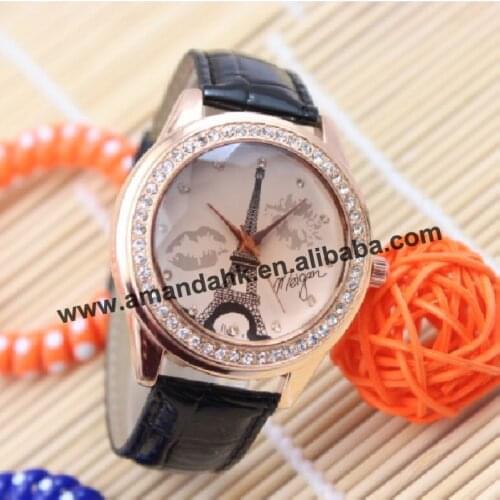 100pcs/lot 9012 Hot Selling Fashion Tower Rhinestone Watch Tan Dial Lip Quartz Wristwatches Leather Women Dress Watches