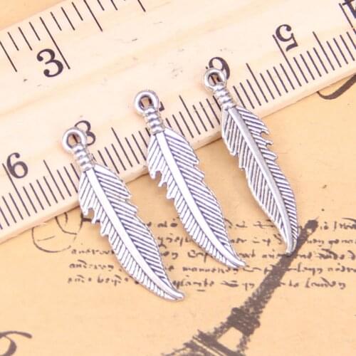 32pcs Charms double sided feather 27x7mm Antique Pendants,Vintage Tibetan Silver Jewelry,DIY for bracelet necklace