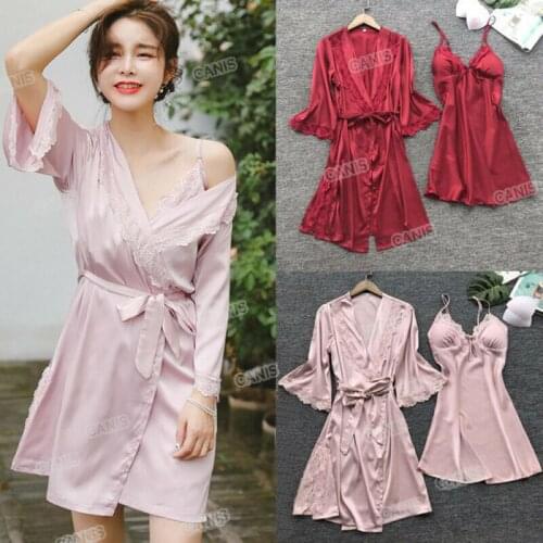 2020 New Fashion Slim Women Bride Kimono Robe Satin Silk Lace Night Dress Gown Sleepwear 3pcs Thong