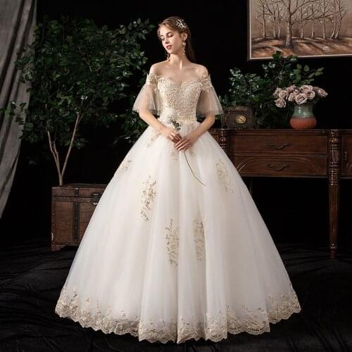America Light Champagne Lace Embroidery Off The Shoulder Wedding Dress 2021 New Spring Korean Robe De Marriage Custom Large Size