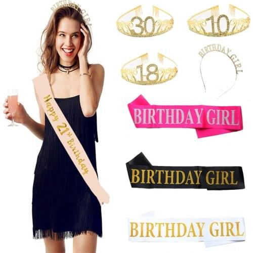 Birthday Party Decoration 18 21 30 40 50 Rose Gold Satin Sash Crystal Crown Tiara Happy Birthday Anniversary Party Supplies