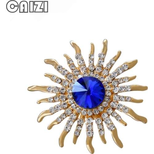 CAIZI New Blue Crystal Sunflower Brooches for Women Rhineston Pins Flower Brooches Wedding Party Jewelry Plant Broshes Gifts