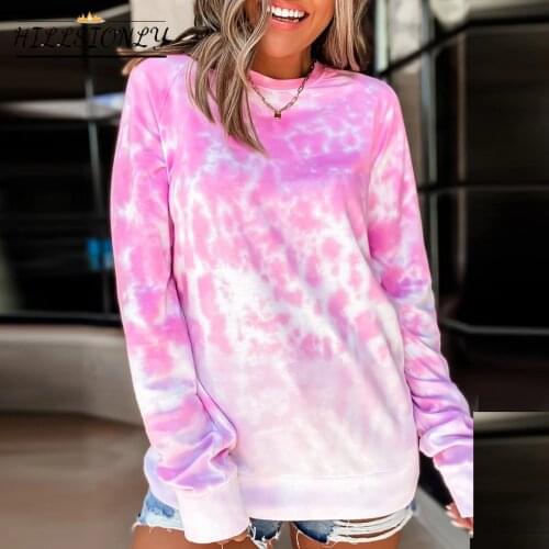 Hillsionly Plus Size T Shirts Fashion Womens Long Sleeve Tie-dyeround Neck Shirts Casual Elegant Pullover Tops Женские Футболки