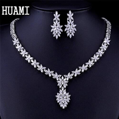 HUAMI Flower Necklace and Earrings Sets for Women Wedding Engaged Banquet Fine Jewelry High Quality Cubic Zircon Costum Bijoux