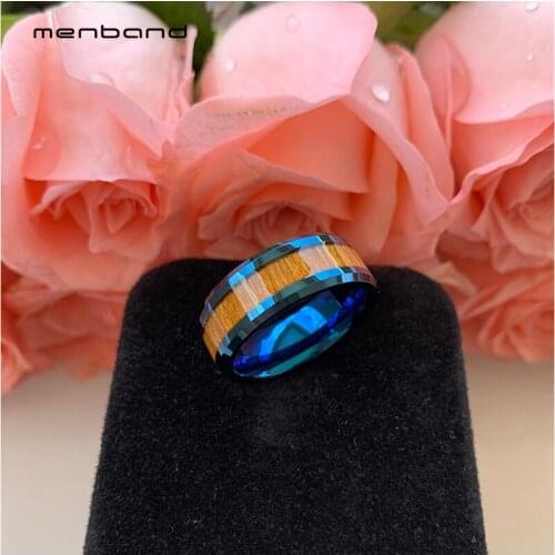 Blue Wedding Band Men Women Tungsten Carbide Ring With Yellow Wood Inlay 8MM Comfort Fit
