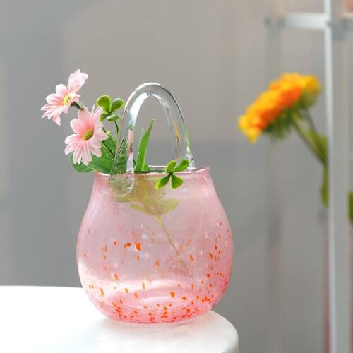 Creative Pink Portable Glass Bag Vase Decor For Living Room Hydroponic Flower Arrangement Basket Art Decorative Tabletop Vase