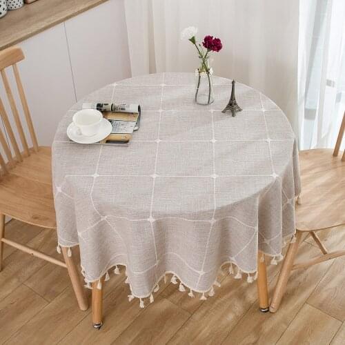 Nordic Grid Round Table Cloth Embroidered Lace Cloths Washable Cotton Tablecloth Cover For Christmas Banquet Wedding Table Decor