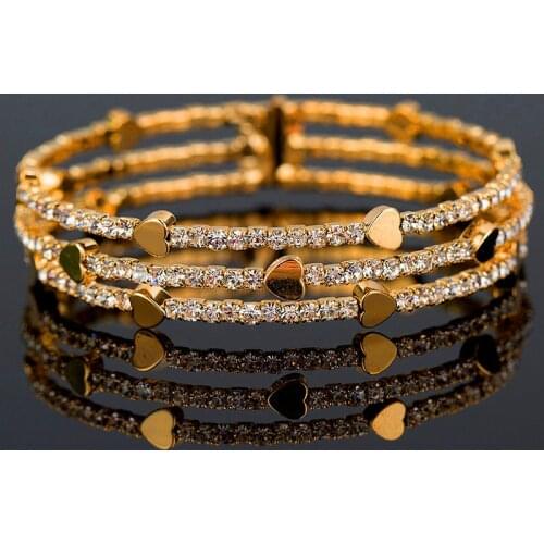Cute Female Crystal Rhinestone Bangle Big Yellow Gold Heart Bracelets Bangles For Women Vintage Retro Valentines Day Gifts
