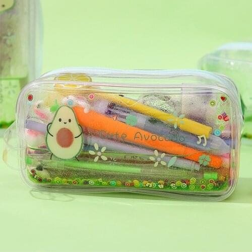 Cute Avocado Pencil Case Transparent Glitter Pens Bag Pvc Large Capacity Pencil Box Stationery Bag Kawaii Portable Cosmetic Bags