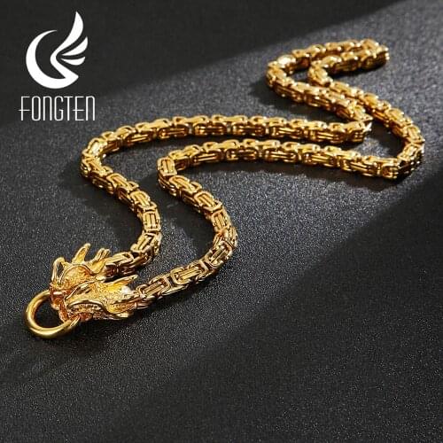 Fongten Dragon Head Charm Pendant Necklace Punk Stainless Steel Curb Square Link Chain Long Necklaces Men Fashion Jewelry