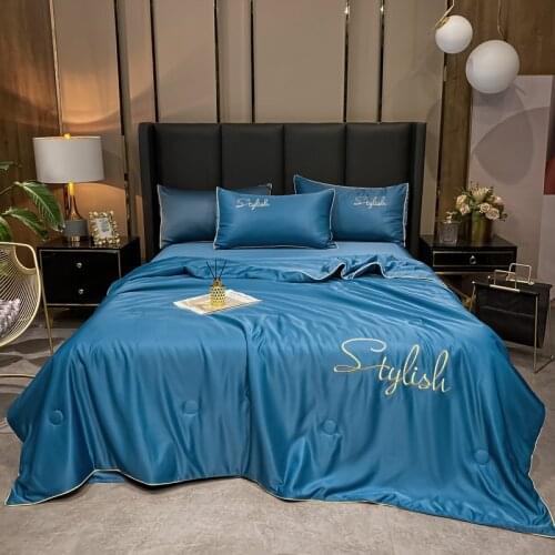 Pure color embroidered washed silk summer cool quilt four piece set of single and double air conditioner quilt summer thin quilt