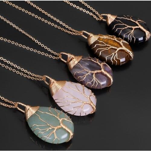 Natural Stone Pink Quartz Opal Necklace & Pendant Gold Color Tree of Life Wire Wrap Water Drop Shape Necklace for Women Men