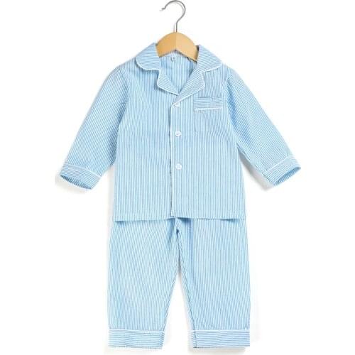 Boys pajamas cotton spring and summer toddler seersucker kids pajamas long sleeve stripe boutique home sleepwear pajamas kids