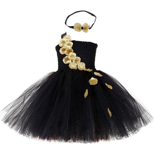 Black Gold Flower Petals Tutu Dress Tulle Girls Evening Pageant Wedding Dress Children Gown for Girls Kids Birthday Party Dress