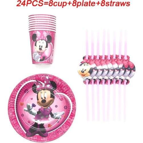 Pink Christmas Party Supplies Disposable Cup Plates Straws Minnie Mouse Birthday Party Theme Tableware Decorations Set For 8User
