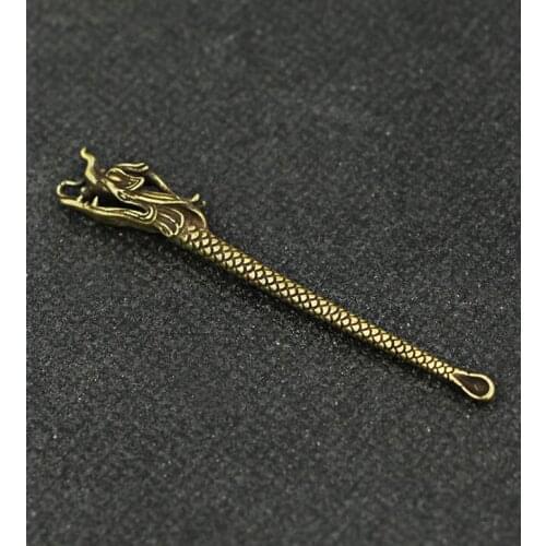 Collectable Chinese Pure Brass Carved Dragon Head Earpick Exquisite Small Pendant Statues