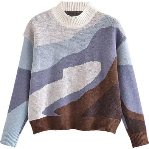 Knitted Women Pullover Sweaters Winter Japanese Style Vintage Contrast Panelled Loose Long Sleeve Tops Outwear Casual Jumper