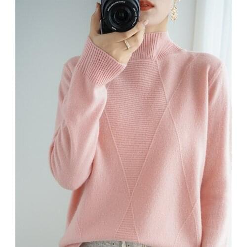 2020 new style 100% wool ladies high neck pullover sweater long sleeve pure color all-match casual cashmere base sweater