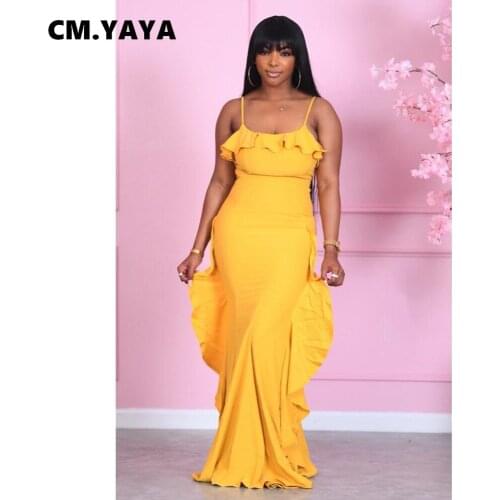 CM.YAYA Women Long Dress Solid Spaghetti Strap Ruffles Sheath Elastic Trumpet Floor-length Dresses Office Lady Elegant Dress