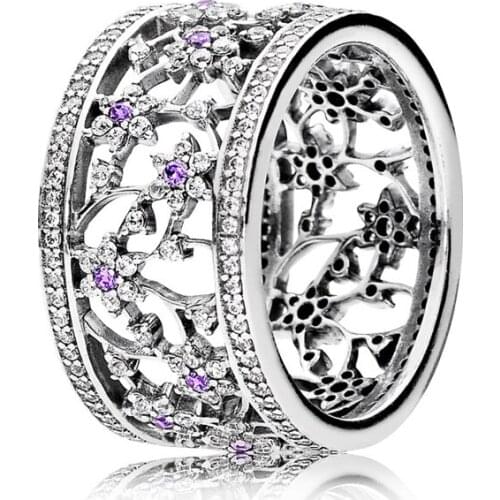 925 Sterling Silver Women Ring with Forget Me Not Mysticism with Purple& Clear CZ Finger Ring for Women Fine Jewelry Gift
