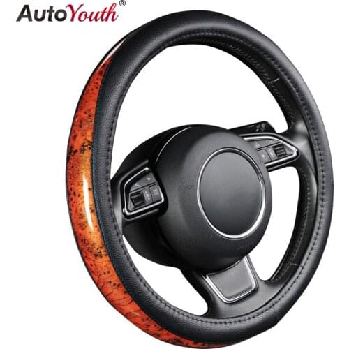 AUTOYOUTH Car Steering Wheel Cover Black + Orange Small Black Lychee Wood Stitching High-end Soft Steering Wheel 38 cm / 15 inch