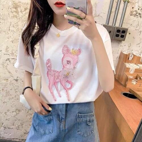 Beading Deer kawaii korean clothes 2021 fashion short sleeve crewneck cotton graphic tshirt cute tops tee t shirts for women 163