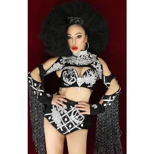 Sparkling Crystal Tassel Stage Outfit Sexy Women DJ Clothing Pole Dance Singer Evening Show Wear Party Prom Black Suit VDB2973