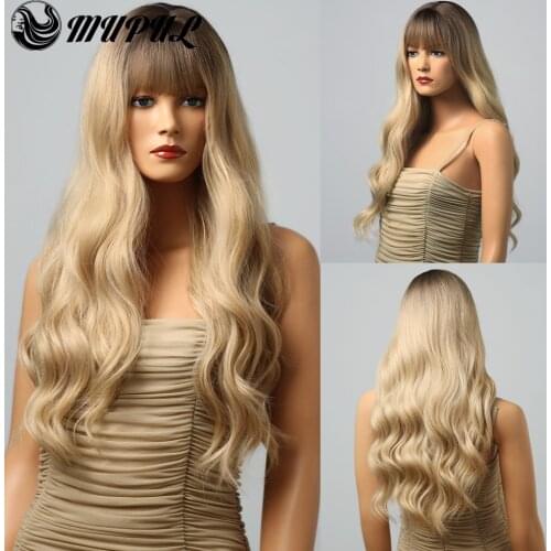 Long Female Blonde Ombre Hair with Bangs Synthetic Wigs For Women Daily Cosplay Natural wave Heat Resistant Fibre Colored Wig
