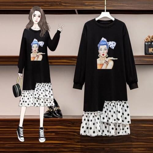 EHQAXIN Summer Autumn Plus Size Womens Dress Fashion Polka Dot Pattern Stitching Long-Sleeved T-Shirt Dresses Female L-4XL