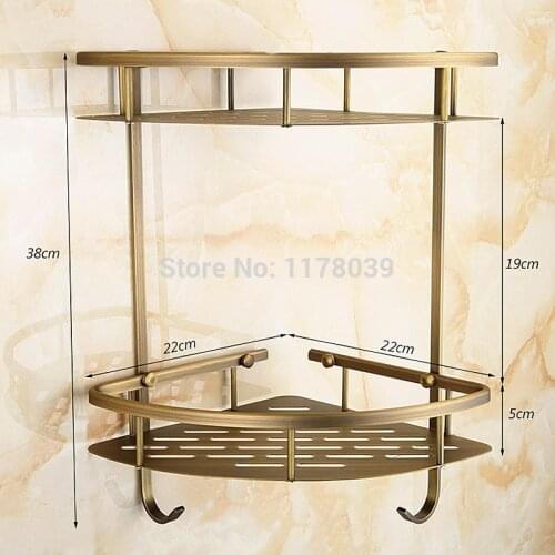 European antique brass corner bathroom shelving,retro Bathroom dual tier shelf with hooks,Bathroom hardware accessories,J16498