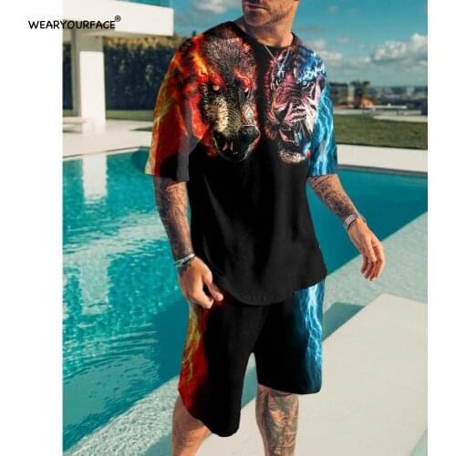 Tiger Wolf Colors Mix 3D All Over Printed T Shirts Shorts Sets Tracksuits Casual Beach Streetwear Vocation Men Clothing