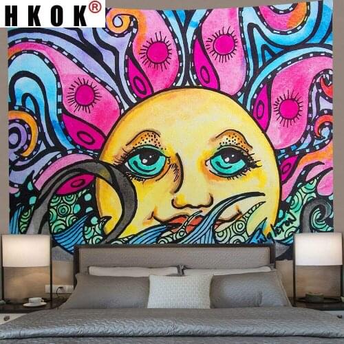 HKOK Art Tapes Sun and Moon Tapestry Psychedelic Ocean Wave Color Art Wall Hanging Background for Living Room Bedroom Home Decor