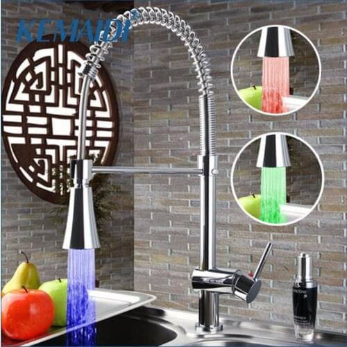 KEMAIDI LED Light Chrome Pull Out Down Spray Deck Mount Single Handle Wash Basin Sink Kitchen Torneira Cozinha Tap Mixer Faucet