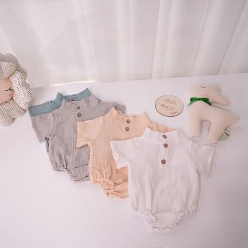 Summer Newborn Baby Romper Solid Color Organic Double Cotton Baby Clothes Girl Short Sleeve Muslin Buttons Infant Boys Romper