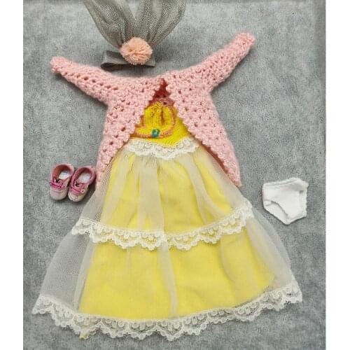 Handmade Knit Doll Clothes Sets 5 pcs Include Sweater yellow Dress Shoes for 1/6 BJD Girl Doll Accessories Fashion Bjd Clothes