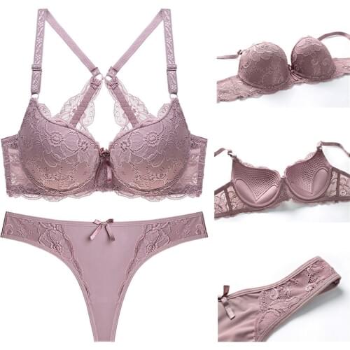 Womens Thong Underwear Set Push up Bra Brassiere Women Lingerie Set Floral Lace Panties Bra Sets Embroidery Sexy Lingerie Femme