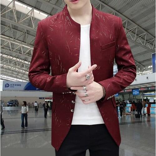 Spring new mens suits korean youth embroidered mens handsome little suit men jacket stand collar casaco masculino purple red