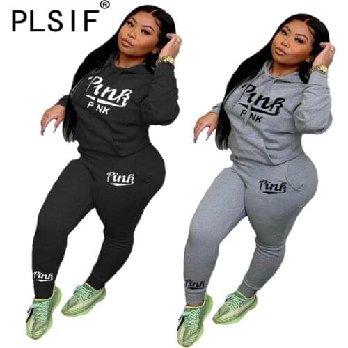 Women Pink Letter Print Pant Set Long Sleeve Hoodies 2 Pieces Clothes Suit Female Sporty Track Suits
