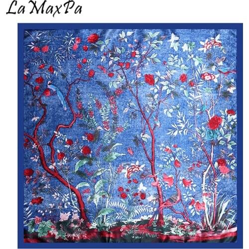 LaMaxPa Women Satin Headband Soft Square Hijab Female Flower Bird Tree Kerchief Lady Noble DIY Headbands Mujer Bufanda 90x90cm