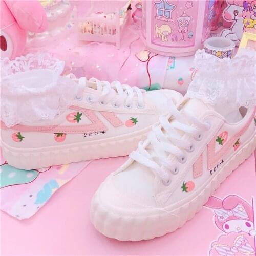 Japanese Style Women Sweet Lolita Flat Shoes Cute Strawberry Print Canvas Shoe Kawaii Girly Round Head Board White Shoes Cos