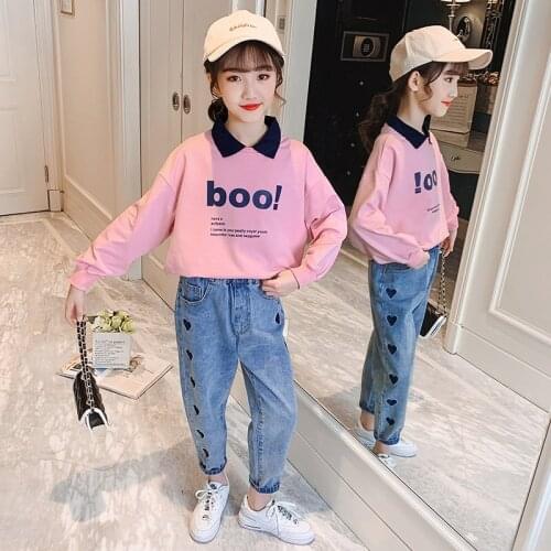 Fashionable Teens Clothes for Big Girls Age 6 8 10 12 14Yrs Sweatshirt + Heart Print Jeans Two Pieces Outfits New Style Clothing
